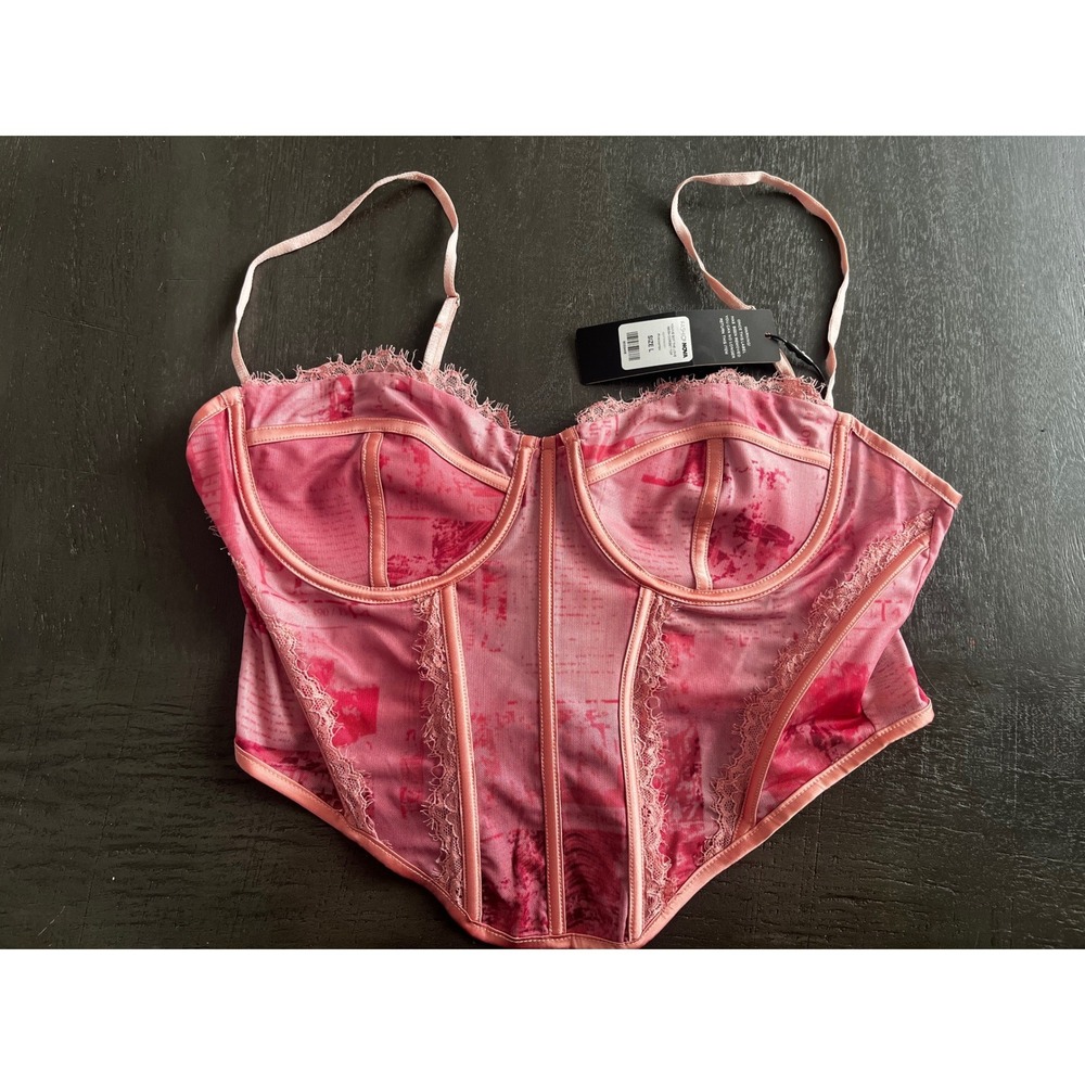 Fashion Nova You've Got The Love Mesh Corset Top Pink Newspaper Print NWT Large